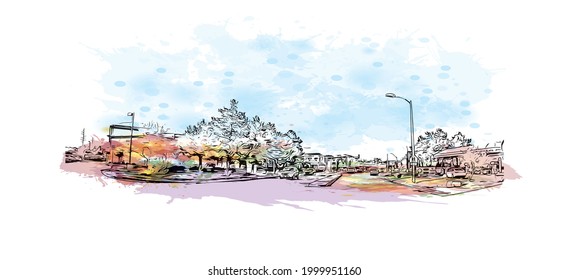 Building view with landmark of Henderson is the 
city in Nevada. Watercolor splash with hand drawn sketch illustration in vector.