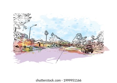 Building view with landmark of Henderson is the 
city in Nevada. Hand drawn sketch illustration in vector.
