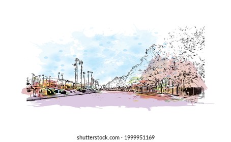 Building view with landmark of Henderson is the 
city in Nevada. Watercolor splash with hand drawn sketch illustration in vector.