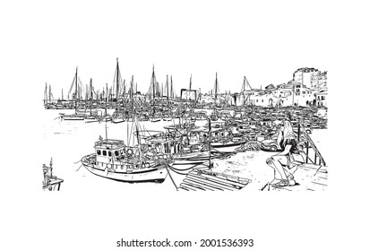 Building view with landmark of Heraklion is the 
city in Greece. Hand drawn sketch illustration in vector.