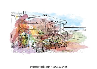 Building view with landmark of Heraklion is the 
city in Greece. Watercolor splash with hand drawn sketch illustration in vector.