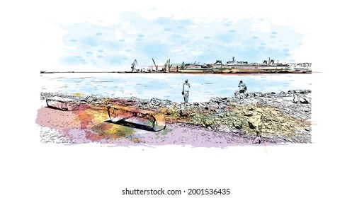 Building view with landmark of Heraklion is the 
city in Greece. Watercolor splash with hand drawn sketch illustration in vector.