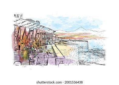 Building view with landmark of Heraklion is the 
city in Greece. Watercolor splash with hand drawn sketch illustration in vector.