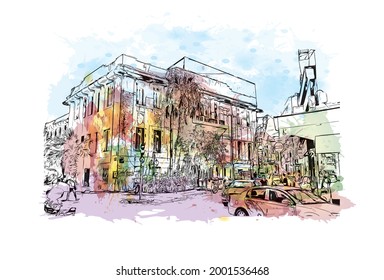 Building view with landmark of Heraklion is the 
city in Greece. Watercolor splash with hand drawn sketch illustration in vector.
