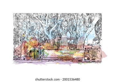 Building view with landmark of Heraklion is the 
city in Greece. Watercolor splash with hand drawn sketch illustration in vector.