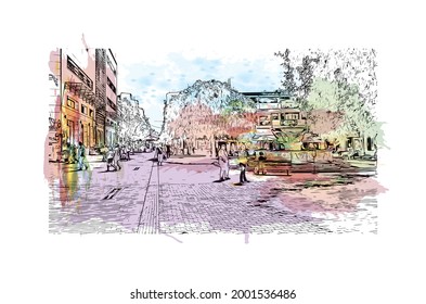 Building view with landmark of Heraklion is the 
city in Greece. Watercolor splash with hand drawn sketch illustration in vector.