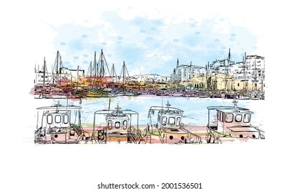 Building view with landmark of Heraklion is the 
city in Greece. Watercolor splash with hand drawn sketch illustration in vector.