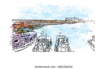 Building view with landmark of Heraklion is the 
city in Greece. Watercolor splash with hand drawn sketch illustration in vector.