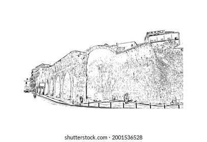 Building view with landmark of Heraklion is the 
city in Greece. Hand drawn sketch illustration in vector.