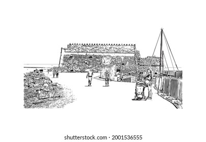 Building view with landmark of Heraklion is the 
city in Greece. Hand drawn sketch illustration in vector.