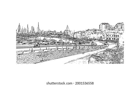 Building view with landmark of Heraklion is the 
city in Greece. Hand drawn sketch illustration in vector.