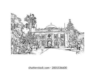 Building view with landmark of Heraklion is the 
city in Greece. Hand drawn sketch illustration in vector.