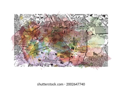 Building view with landmark of Herceg Novi is a coastal town in Montenegro. watercolour splash with hand drawn sketch illustration in vector.