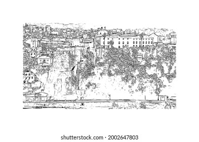 Building view with landmark of Herceg Novi is a coastal town in Montenegro. Hand drawn sketch illustration in vector.