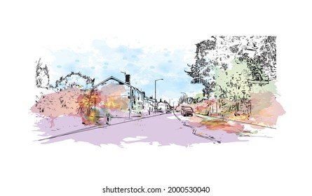 La vista de edificio con un punto de referencia de Hereford es la 
ciudad de Inglaterra. Dibujo a mano de ilustración de esbozo en vector.