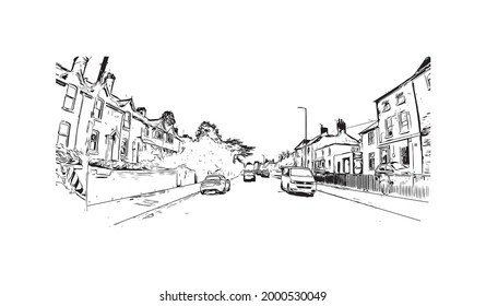 Der Blick auf das Gebäude mit Wahrzeichen Hereford ist der 
Stadt in England. Handgezeichnete Skizzengrafik in Vektorgrafik.