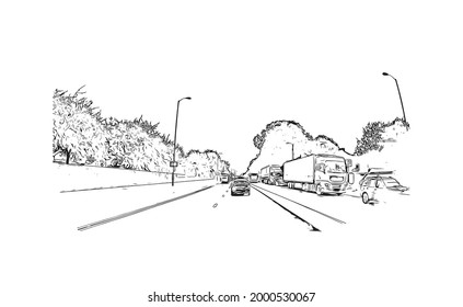 La vista de edificio con un punto de referencia de Hereford es la 
ciudad de Inglaterra. Dibujo a mano de ilustración de esbozo en vector.