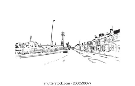 Building view with landmark of Hereford is the 
city in England. Hand drawn sketch illustration in vector.
