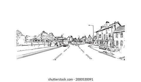 Building view with landmark of Hereford is the 
city in England. Hand drawn sketch illustration in vector.
