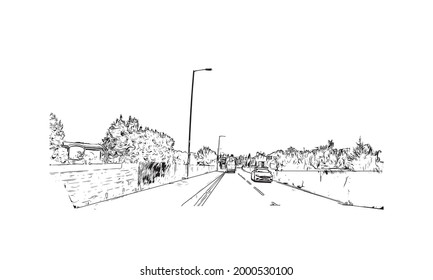 Building view with landmark of Hereford is the 
city in England. Hand drawn sketch illustration in vector.