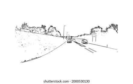 Building view with landmark of Hereford is the 
city in England. Hand drawn sketch illustration in vector.