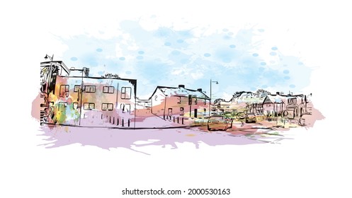 La vista de edificio con un punto de referencia de Hereford es la 
ciudad de Inglaterra. Dibujo a mano de ilustración de esbozo en vector.
