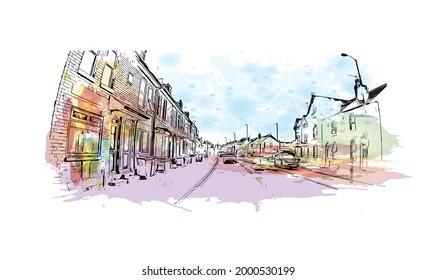 Building view with landmark of Hereford is the 
city in England. Hand drawn sketch illustration in vector.