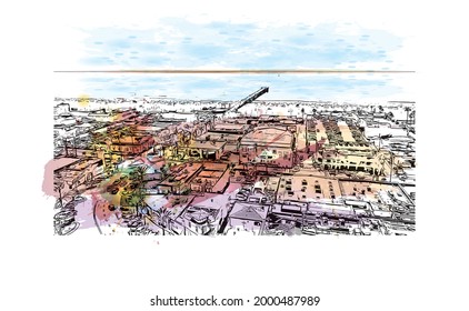 Building view with landmark of Hermosa  is the 
city in California. Watercolor splash with hand drawn sketch illustration in vector.