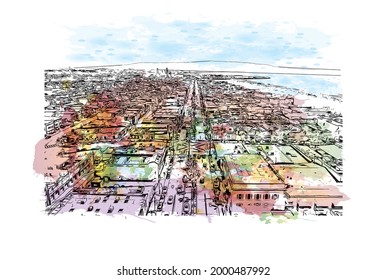 Der Blick auf das Gebäude mit Wahrzeichen Hermosa ist der 
Stadt in Kalifornien. Aquarellspritzer mit handgezeichneter Skizzengrafik in Vektorgrafik.