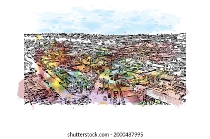 Building view with landmark of Hermosa  is the 
city in California. Watercolor splash with hand drawn sketch illustration in vector.