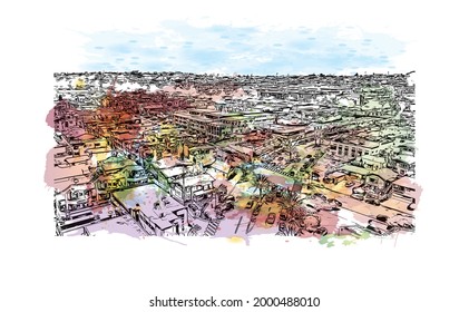 Building view with landmark of Hermosa  is the 
city in California. Watercolor splash with hand drawn sketch illustration in vector.