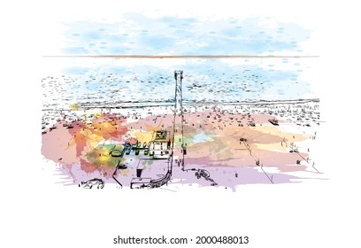 Building view with landmark of Hermosa  is the 
city in California. Watercolor splash with hand drawn sketch illustration in vector.