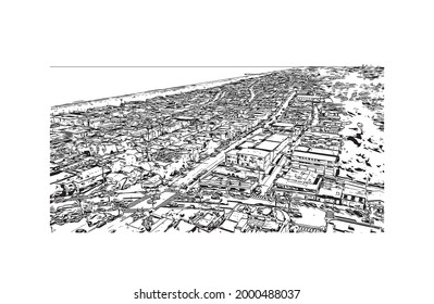 La vista de edificios con un punto de referencia de Hermosa es la 
ciudad de California. Dibujo a mano de ilustración de esbozo en vector.