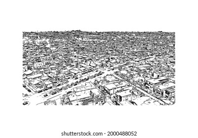 Building view with landmark of Hermosa  is the 
city in California. Hand drawn sketch illustration in vector.