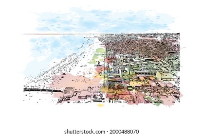 La vista de edificios con un punto de referencia de Hermosa es la 
ciudad de California. Salto de color de agua con ilustración de esbozo dibujada a mano en vector.