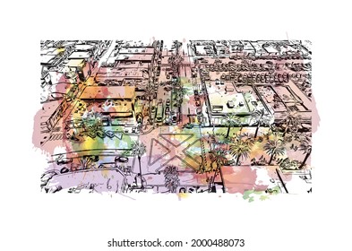 Building view with landmark of Hermosa  is the 
city in California. Watercolor splash with hand drawn sketch illustration in vector.