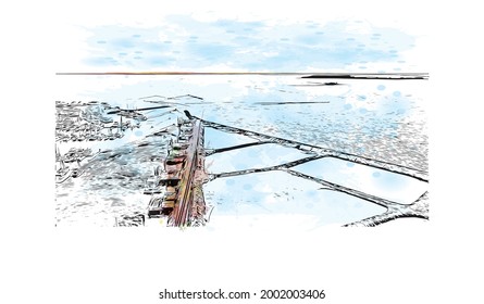 Las vistas al edificio con un punto de referencia de Hervey Bay son 
ciudad de Australia. Salto de color de agua con ilustración de esbozo dibujada a mano en vector.