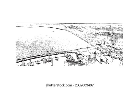 Der Blick auf das Gebäude mit Wahrzeichen der Hervey Bay ist der 
Stadt in Australien. Handgezeichnete Skizzengrafik in Vektorgrafik.