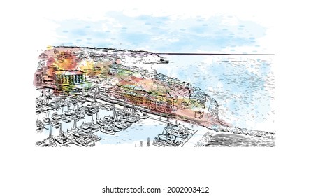 Building view with landmark of Hervey Bay is the 
city in Australia. Watercolor splash with hand drawn sketch illustration in vector.