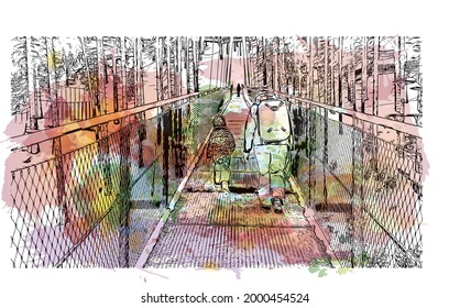Building view with landmark of Hinterglemm is the 
municipality in Austria. Watercolor splash with hand drawn sketch illustration in vector.
