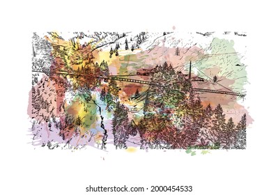 Building view with landmark of Hinterglemm is the 
municipality in Austria. Watercolor splash with hand drawn sketch illustration in vector.