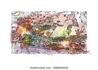 Building view with landmark of Hinterglemm is the 
municipality in Austria. Watercolor splash with hand drawn sketch illustration in vector.