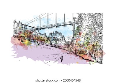 Building view with landmark of Hinterglemm is the 
municipality in Austria. Watercolor splash with hand drawn sketch illustration in vector.