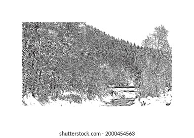 Building view with landmark of Hinterglemm is the 
municipality in Austria. Hand drawn sketch illustration in vector.