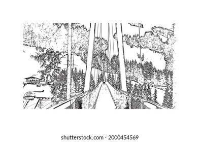 Building view with landmark of Hinterglemm is the 
municipality in Austria. Hand drawn sketch illustration in vector.