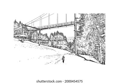 La vista de edificio con un punto de referencia de Hinterglemm es el 
municipio de Austria. Dibujo a mano de ilustración de esbozo en vector.