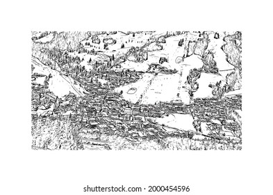 La vista de edificio con un punto de referencia de Hinterglemm es el 
municipio de Austria. Dibujo a mano de ilustración de esbozo en vector.