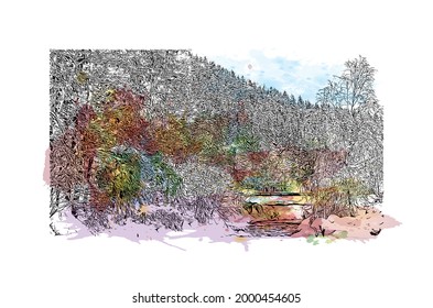 Building view with landmark of Hinterglemm is the 
municipality in Austria. Watercolor splash with hand drawn sketch illustration in vector.