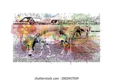 Building view with landmark of Hinterstoder is the 
municipality in Austria. Watercolor splash with hand drawn sketch illustration in vector.