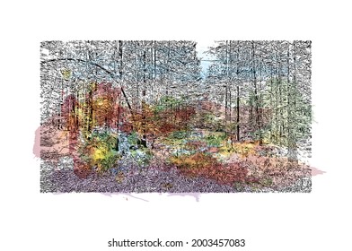 Building view with landmark of Hinterstoder is the 
municipality in Austria. Watercolor splash with hand drawn sketch illustration in vector.